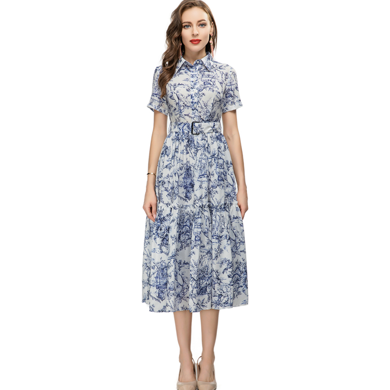 

Women' Runway Dresses Turn Down Collar Short Sleeves Printed Ruffles Fashion Mid Vestidos with Belt, Blue