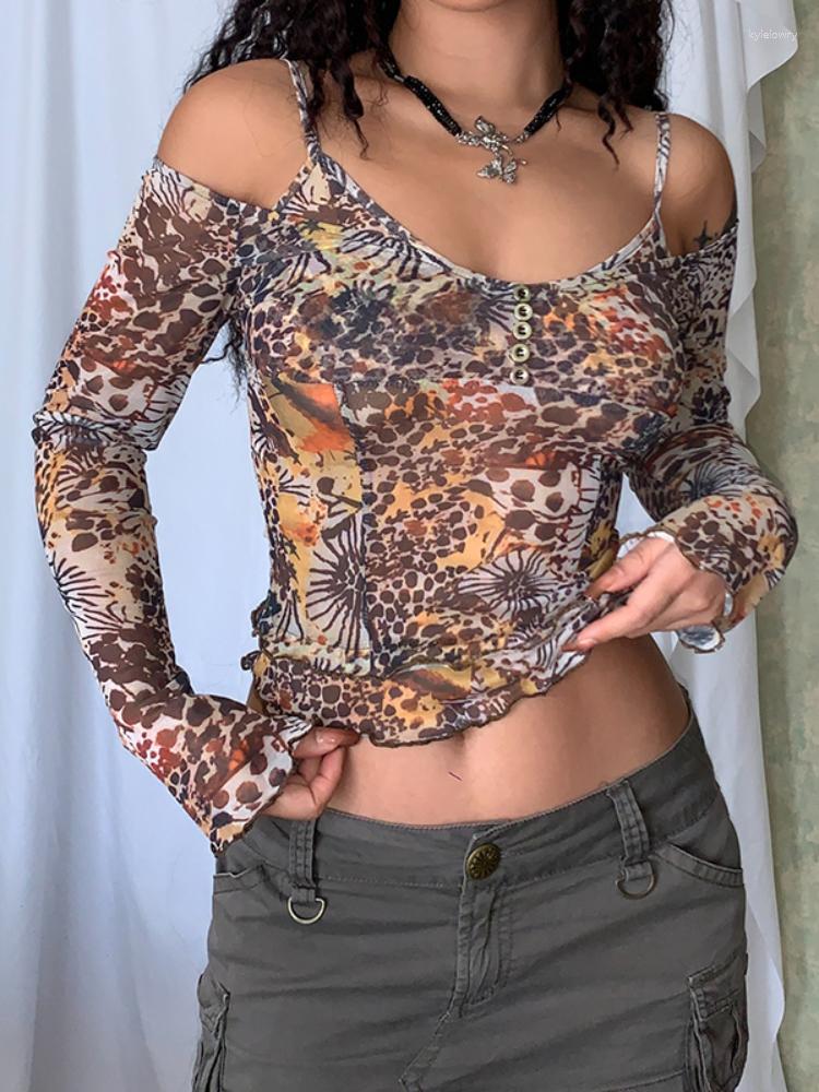 

Women' Blouses WeiYao Off Shoulder Slim Long Sleeve Vintage Print Mesh Shirts Women Aesthetic Grunge Boho Summer Holiday Button Tops, Picture shown