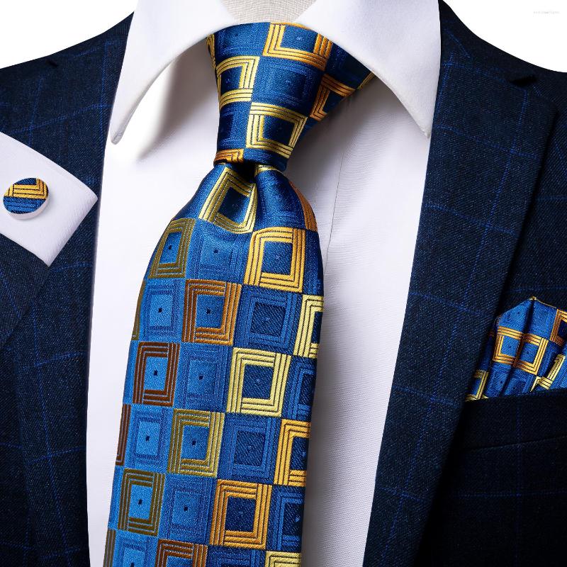 

Bow Ties Hi-Tie Yellow Blue Plaid Men's Tie Set Luxury Silk 8.5cm Large Necktie For Men Fashion Hanky Cufflinks Wedding Quality