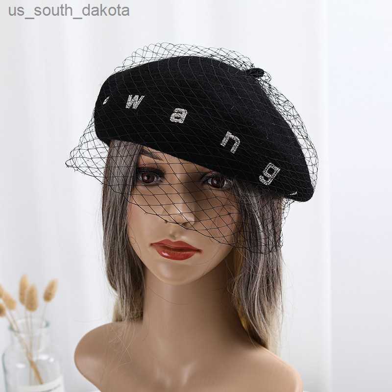 

Women Fashion Winter Beret English Letter Sexy Netting Black Hats French Artist Warm Beanie Ladies All Match boina mujer L230523