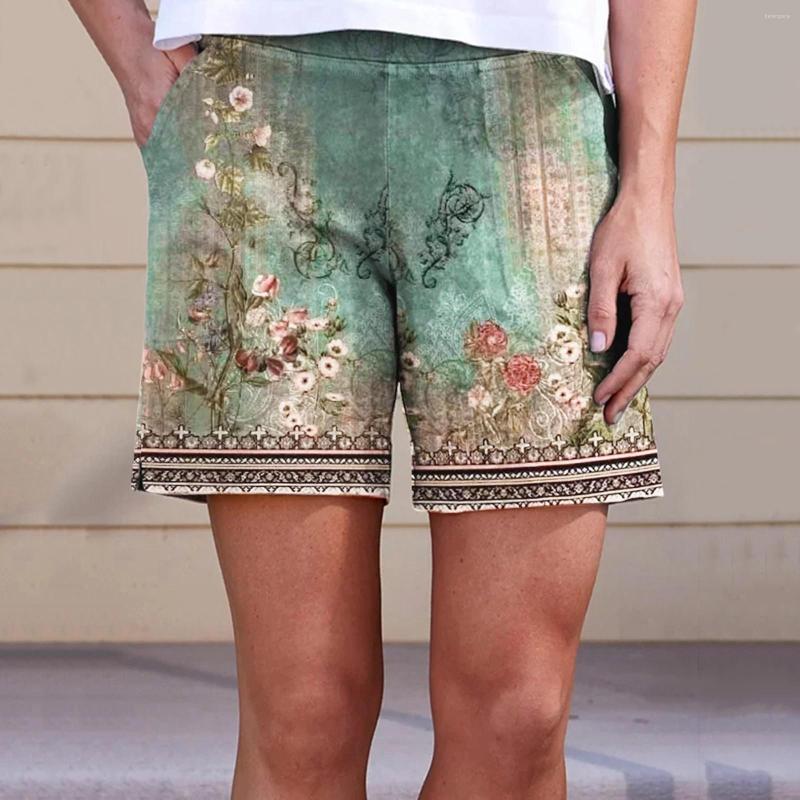 

Women's Shorts Casual Womens High Waisted Drawstring Ethnic Floral Print Loose Short Pants Boho Trunks Elastic Summer Pantalon, Green