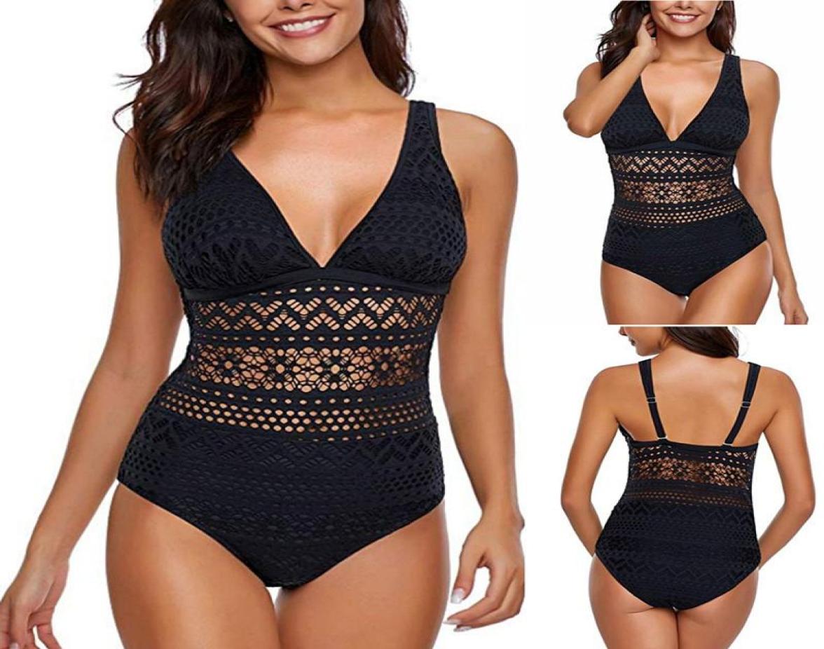 

Women One Piece Swimsuit Large size sexy Solid Lace Mesh hollow out Siamese Swimwear beachwear maillot de bain 2021 New7619927