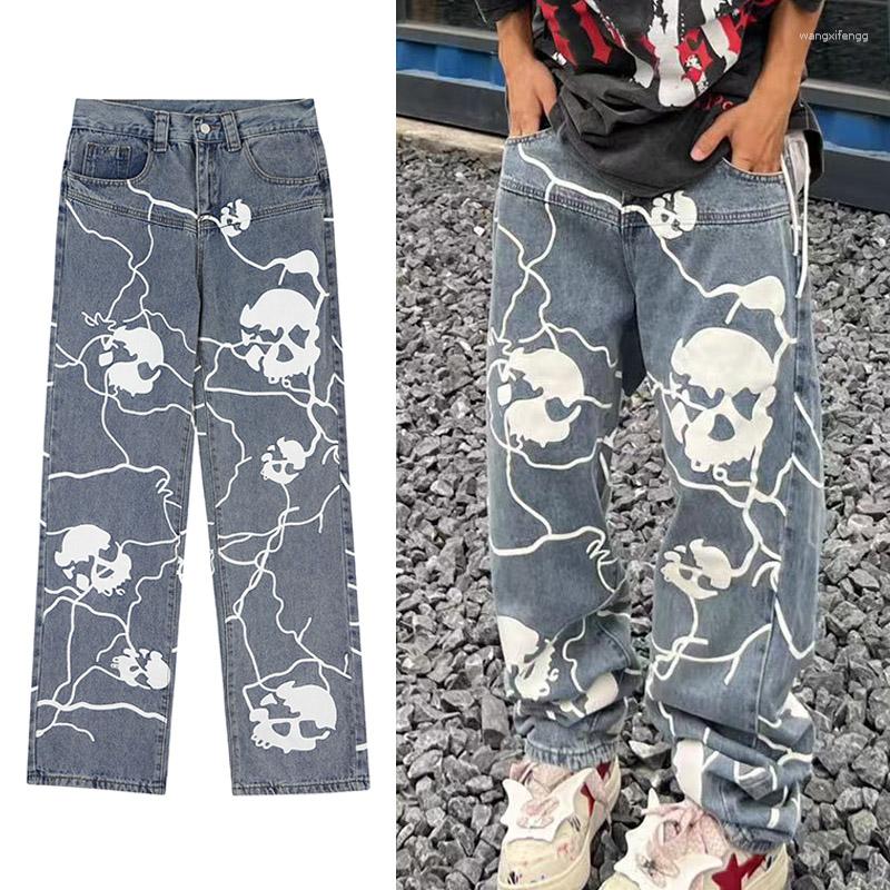 

Men's Jeans Harajuku Retro Black Blue Skull Graffiti Loose Men's Y2K Streetwear Gothic Punk Rock Oversized Casual Wide Leg Pants Women