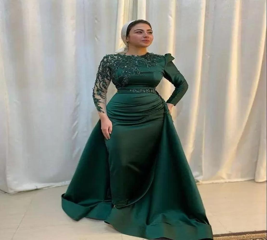 

Hunter Green Muslim Evening Dresses with Detachabel Train Real Long Sleeve Aso Ebi African Party Dress Beaded Stain Kaftan Prom Go2055198, Coral