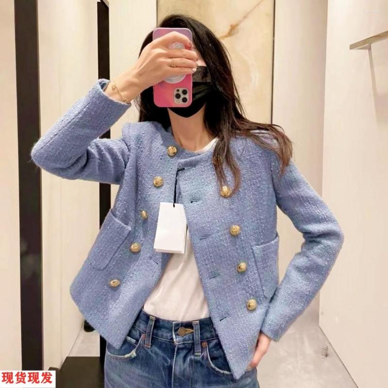 

Women' Jackets JSXDHK Luxury Designer Autumn Tweed Jacket Coat 2023 High Quality Women Blue Metal Double-Breasted Pocket Woolen Outerwear, Black