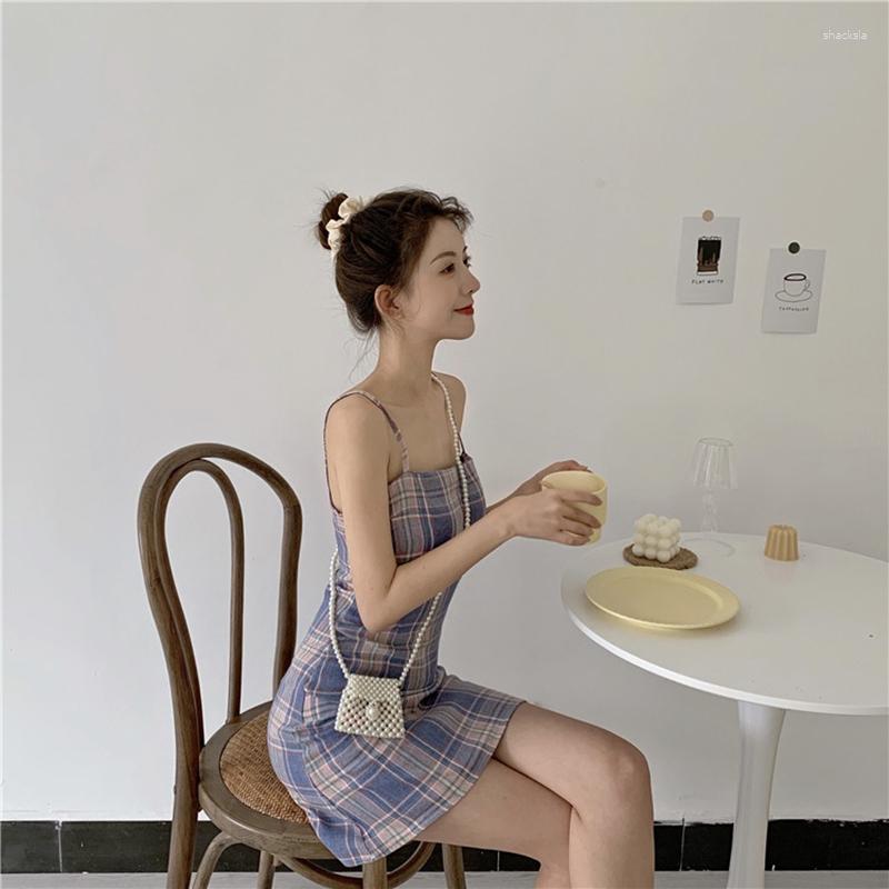 

Casual Dresses Summer Women' Dress 2023 Y2K Slim And Thin Plaid Skirt Small Fresh Retro Sweet Student Sling Clothing, Purple