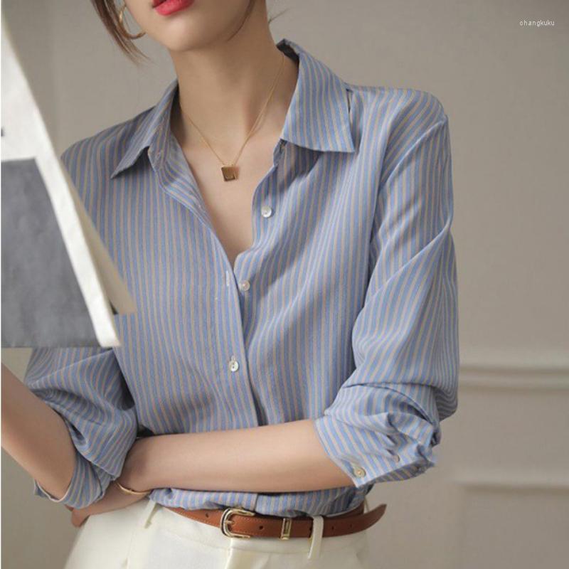 

Women' Blouses Fashion Woman Blouse 2023 Blue Striped Korean Shirt With Loose Fitting Long Sleeves Shirts And For Women, Blue stripe