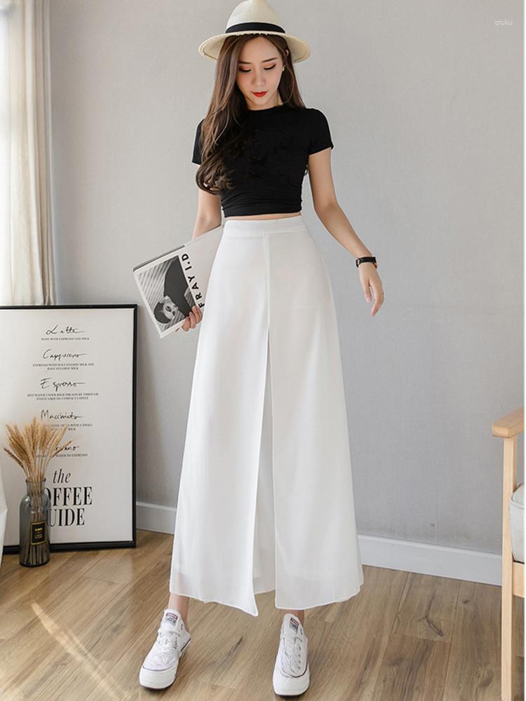 

Women' Pants Summer Chiffon Nine Points Trouser Skirt Fake Two-Piece Set Wide Leg Thin Ladie, Wt