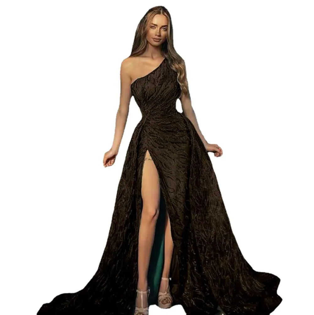

Arabic Aso Ebi One Shoulder Mermaid Evening Dresses Lace Beaded High Split Formal Party Gowns Bridal Recond Reception Plus Size Dress, Silver
