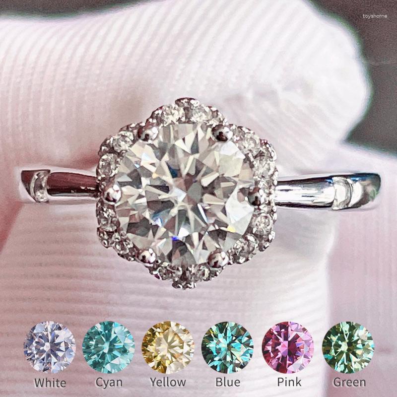 

Cluster Rings Flower Design Real Moissanite Ring 1CT Color D VVS Blue Pink Red Yellow Green Diamond 14K White Gold Plated Sterling Silver