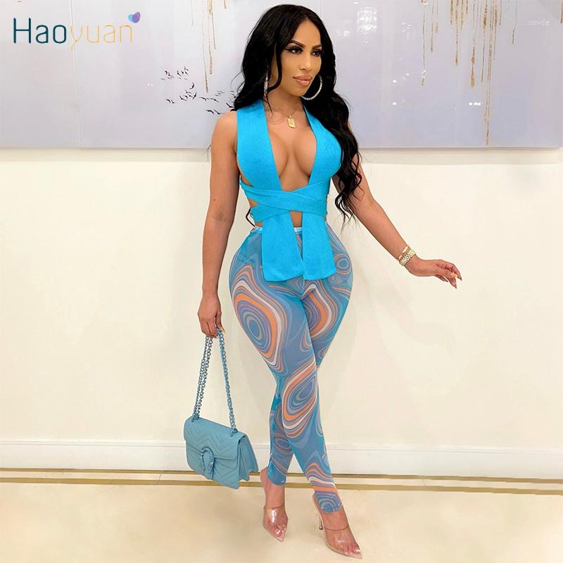 

Women' Two Piece Pants HAOYUAN Sexy Set Knitted Bandage Tops Printed Leggings Women Birthday Party Wear Fall Outfits Night Club Matching, Black