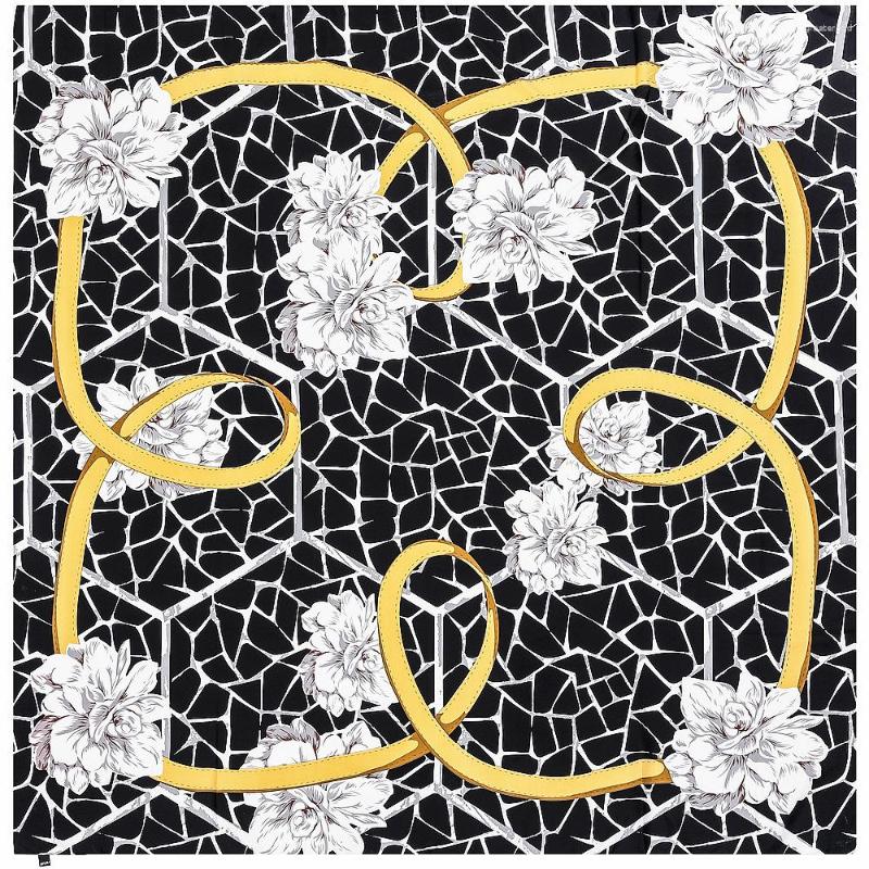 

Scarves 130cm Rose Design Square Scarf Luxury Twill Silk Women Kerchief For Ladies Fashion Shawl Echarpe Beach Towel