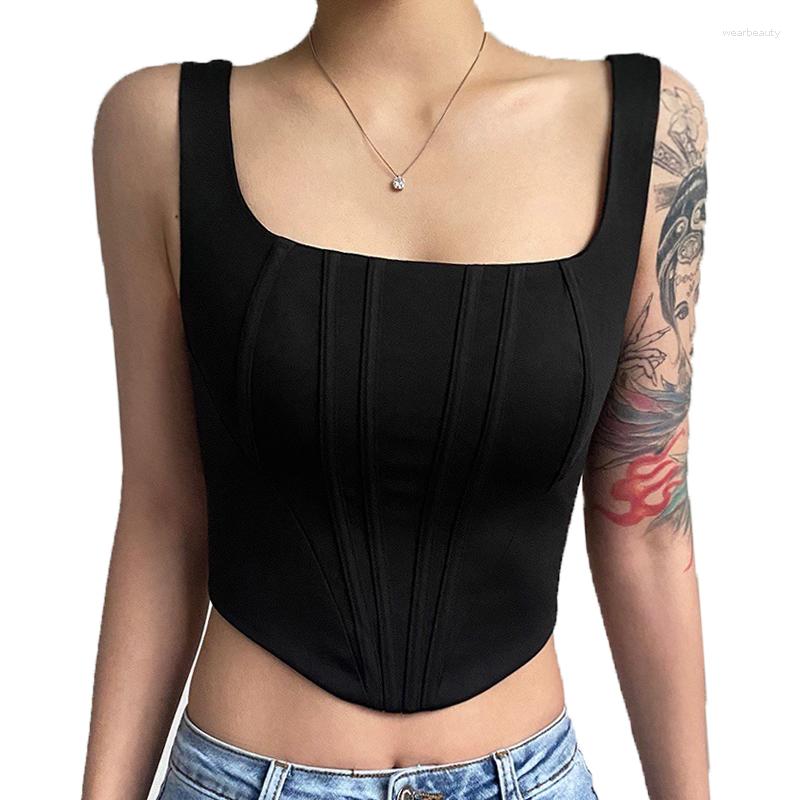 

Women's Tanks Women's Sleeveless Corset Crop Tank Top Slim Fishbone Waist Slimming Short Summer Sexy Square Neck Low Cut Tight Bottoming, White