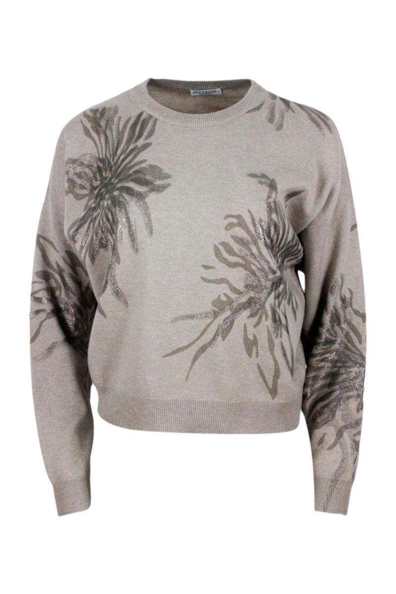 

Brunello Cucinelli Womens Wool Sweater with Floral Pattern Gray Tops
