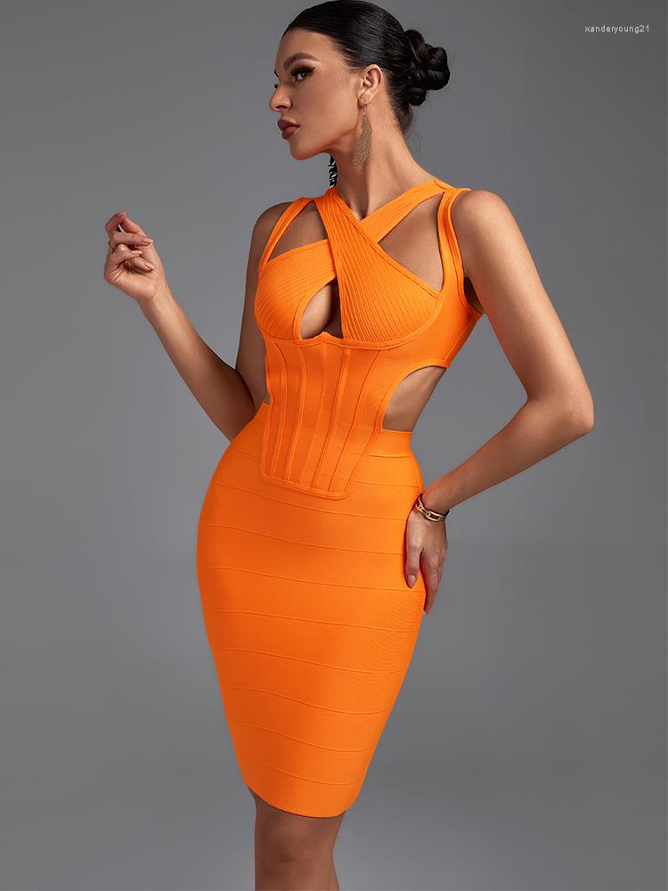 

Casual Dresses Orange Bandage Dress 2023 Women' Bodycon Elegant Sexy Halter Evening Club Party High Quality Summer Fashion