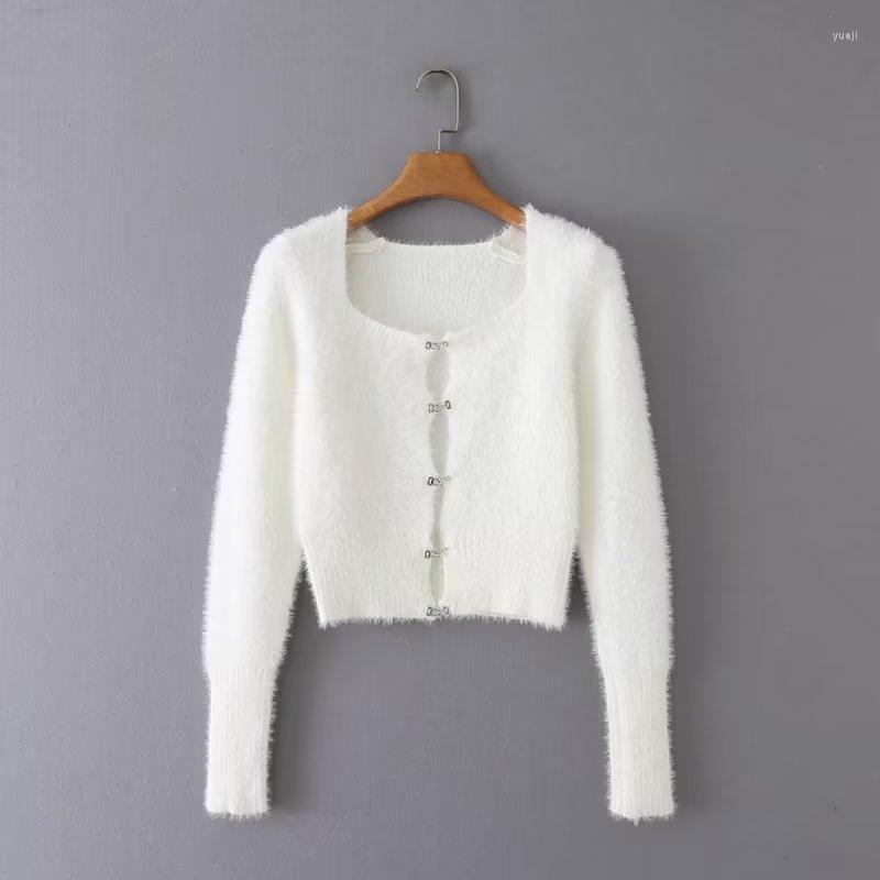 

Women' Knits White Strecth Slim Crop Sweater Women Long Sleeve Square Collar Autumn Knit Cardigan Knitted Winter Short Sexy, Black