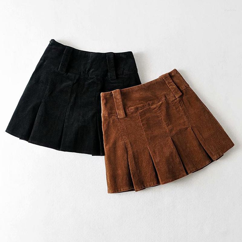 

Skirts Spring Women Mini High Waist Solid Corduroy Zipper Pleated Cool Style Vintage Sexy A-Line Femme, Black