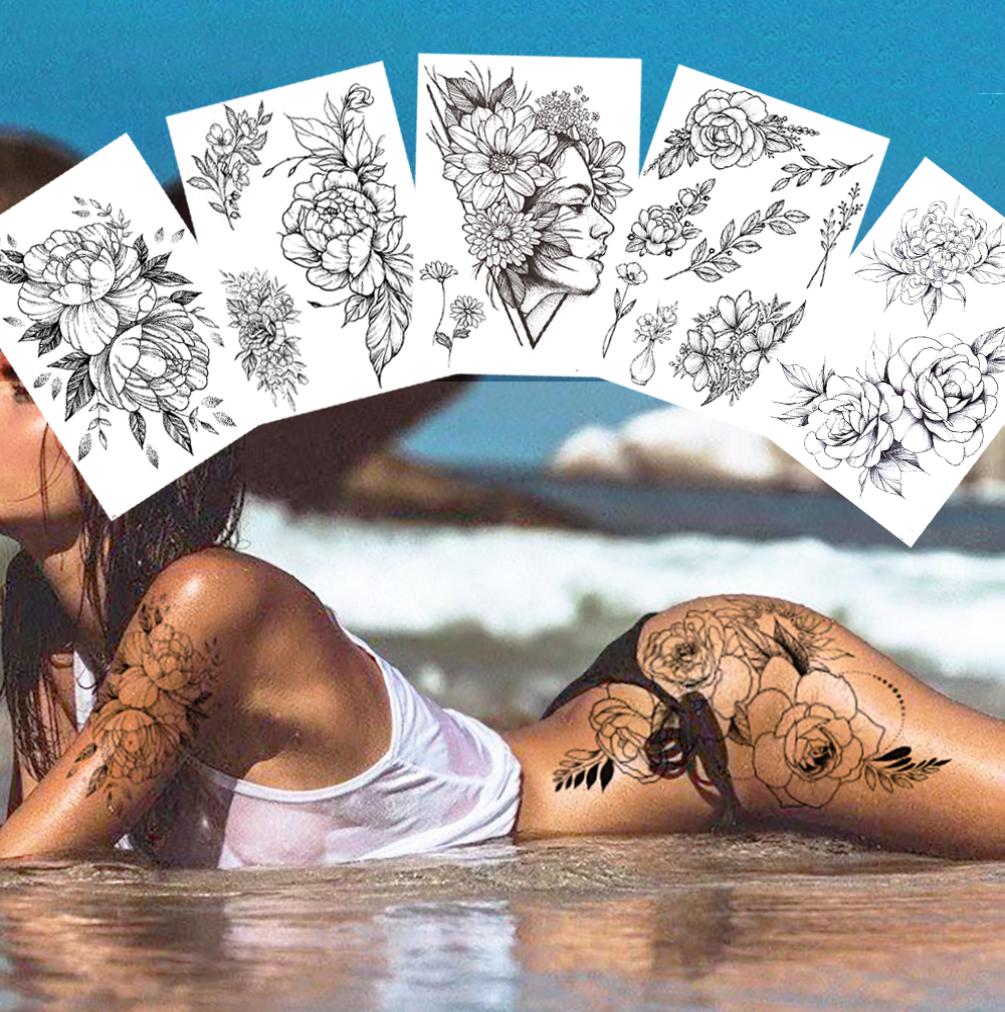 

Temporary Tattoo Stickers Waterproof Black Rose Peony Flower Design Leg Arm Tattoo Flash Fake Tattoo Sleeves For Men Women Girls4885332