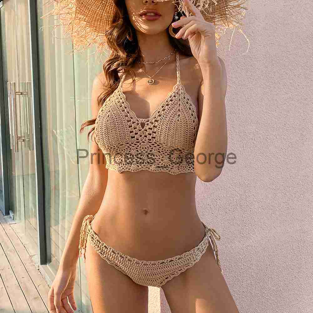 

Women's Plus Size Swimwear Single Layer Crochet Bikini Set Women Swimming Suit Hollow Out Swimsuit Women Halter GString Thong Beachwear Bathing Suit x0621, Beige