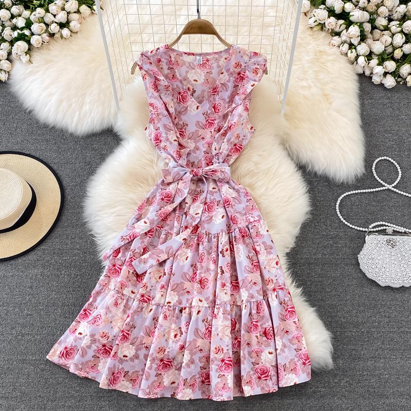 

Casual Dresses Chic Beach Summer Dress For Women Streetwear A-line Floral Print Lace-up V-Neck Sleeveless Empire Vestidos Drop, Blue