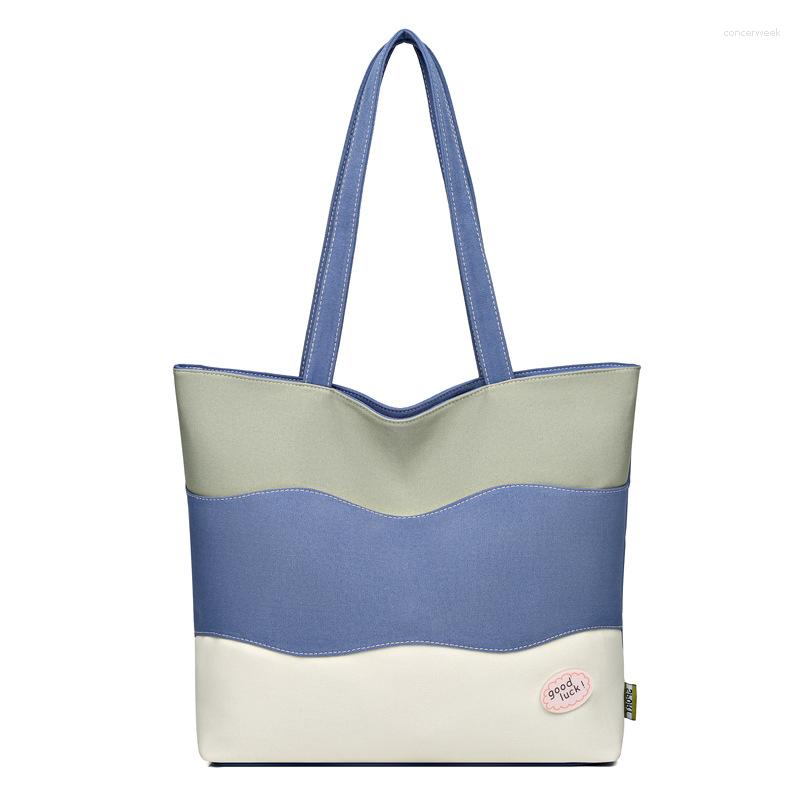 

Evening Bags TRAVEASY 2023 Fashion Canvas Leather Large Capacity Shoulder For Women Casual Patchwork Stripe Commuting Totebag Lady, Blue (2)