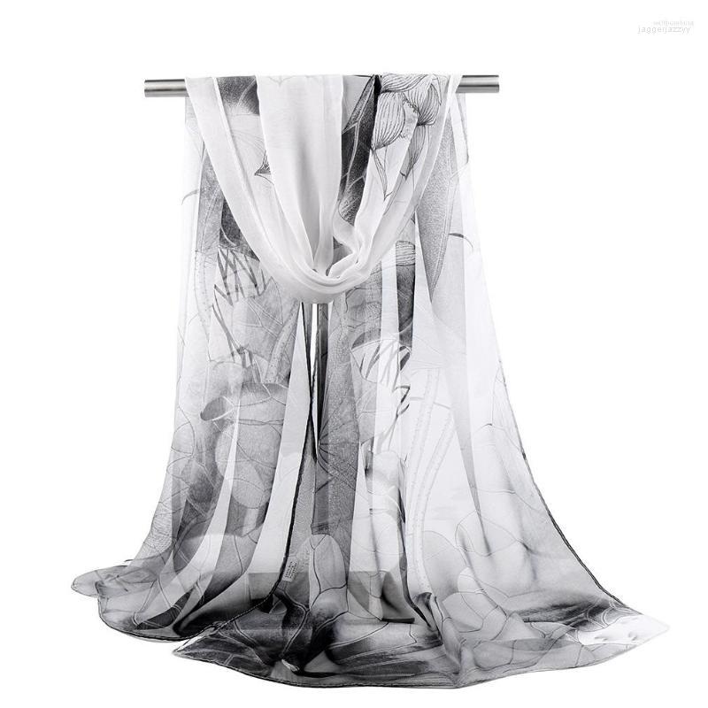 

Ethnic Clothing 160-50cm Sunscreen Shawl Individuality Lotus Flower Design Elegant Lady Printed Floral Hijab Islamic Headscarf Thin Silk