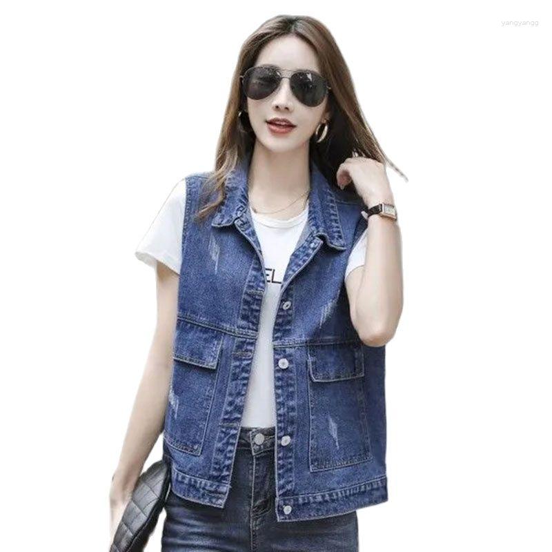 

Women's Vests 2023 Spring Summer Fashion Loose Cowboy Women's Waistcoat Temperament Leisure Short Pocket Feminine Cowgirl Vest Jacket, Blue