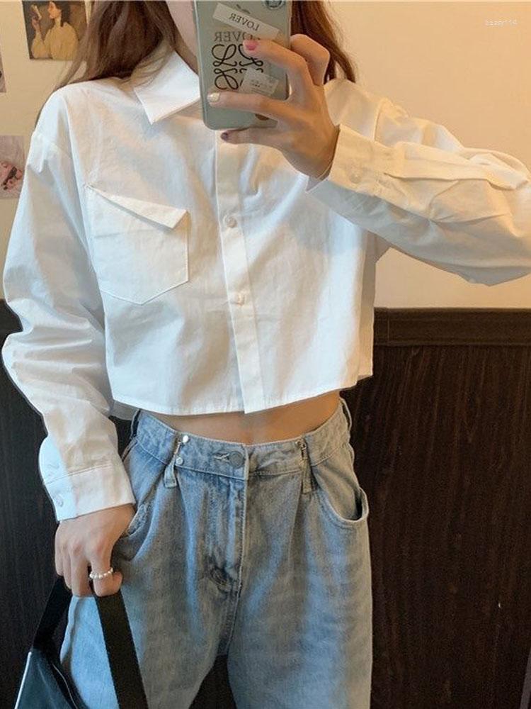 

Women' Blouses Zoki Sexy Cropped Women White Shirt Korean Long Sleeve Pocket Preppy Style Short Blouse Fashion Harajuku Loose Lady Spring
