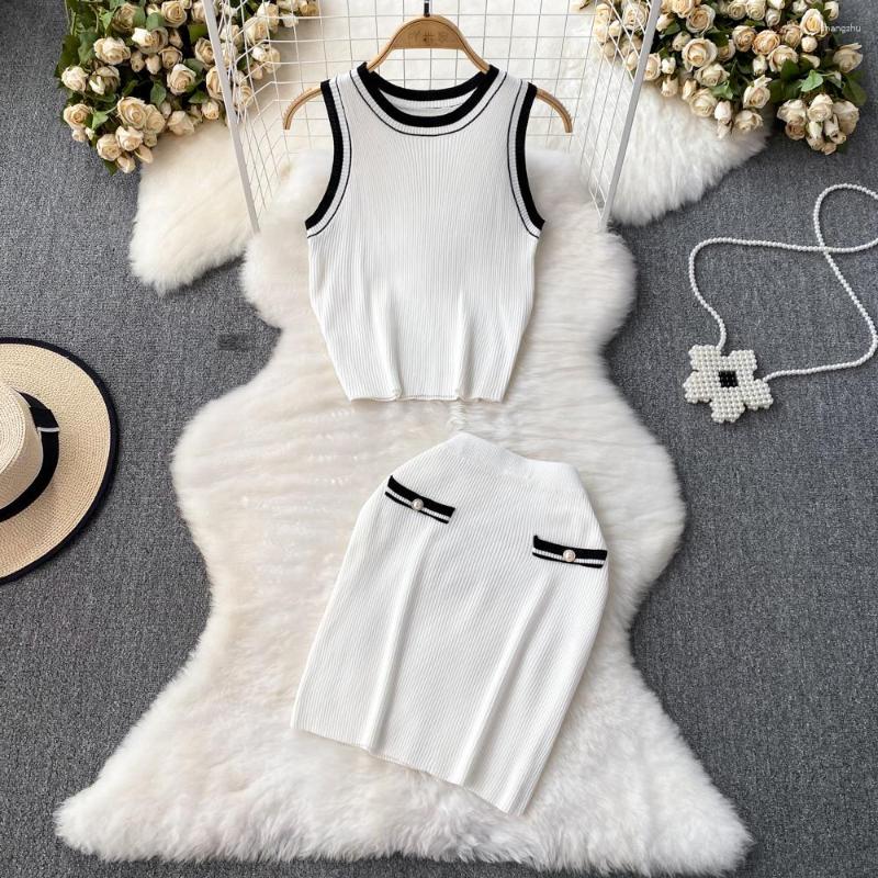 

Work Dresses Women Knit Two Pieces Sets Sexy O-neck Sleeveless Solid Top With Fashion Vintage Wrap Summer Skirt, Black