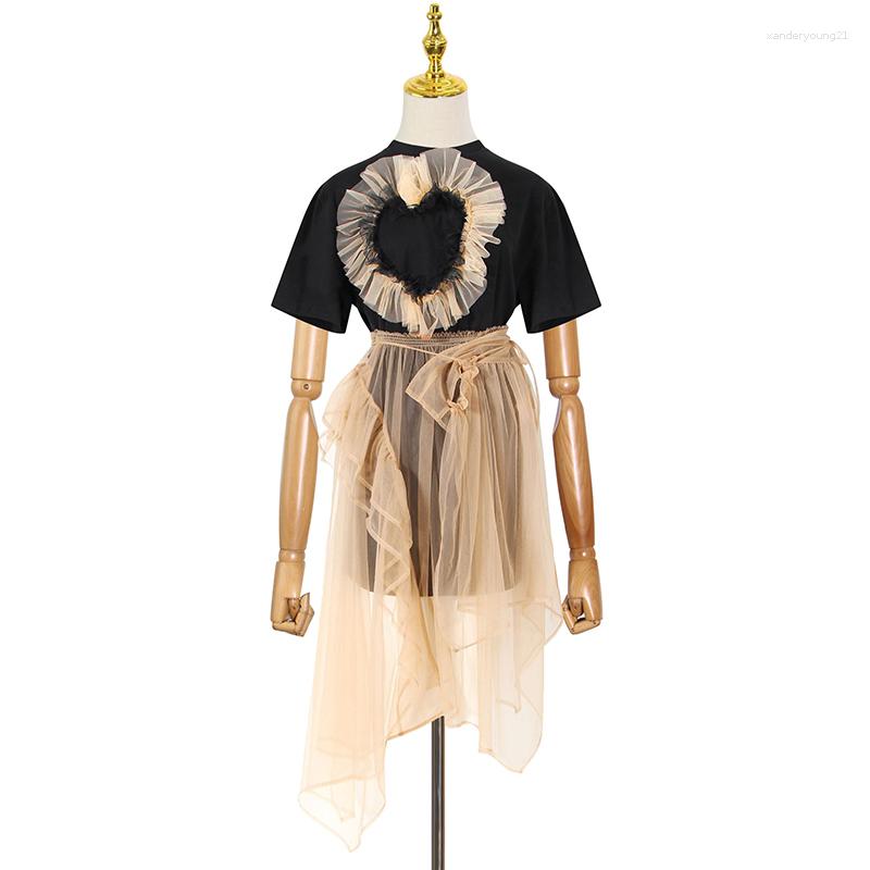 

Party Dresses Females Hit Color Sets For Women O Neck Short Sleeve T Shirts High Waist Mesh Skirts Patchwork Casual Two Piece Set, Aspicture