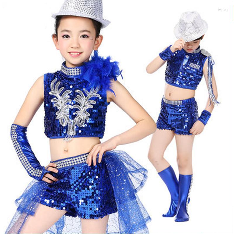 

Stage Wear 2023 Wholesale Children Girls Jazz Dance Costumes Blue/black Kids Dovetail Suits Sequins Performance Dancewear, Blue boy