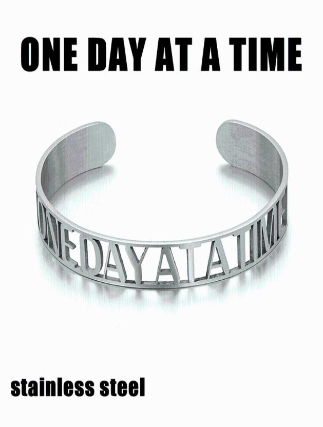 

Silver Color Stainless Steel Open Bangle Letter ONE DAY AT A TIME For Women Men Adjustable Jewelry Gift9738720