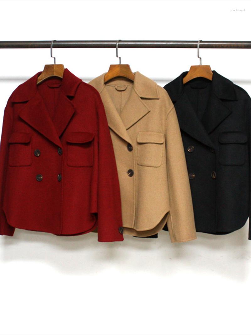 

Women's Jackets Women Short Jacket Double Breasted Pockets Solid Long Sleeve Notched Coat Wool Blend Casual, Wine red