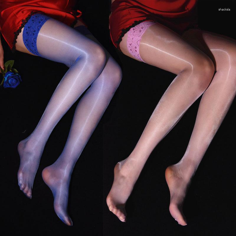 

Women Socks Sexy 1D Sheer Glossy Stockings Antiskid Silicone Lace Top Stay Up Thigh High Over The Knee Medias De Mujer, Beige