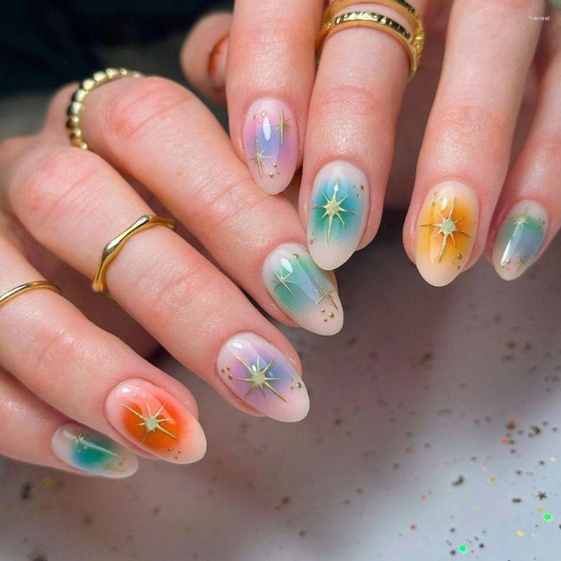 

False Nails 24pcs Short Oval Or Round French Fake Colorful Star Pink White Wavy Full Cover Nail Tips Press On, Only fake nails