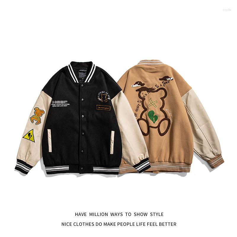 

Women's Jackets 2023 Autumn Bear Towel Embroid Oversize Women's Streetwear Baseball Bomber Jacket Unisex Men's Varsity Letter Coat, Black