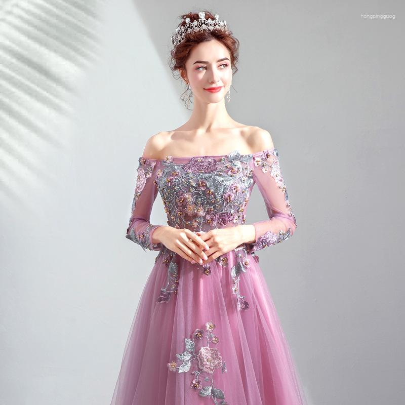 

Ethnic Clothing Woman Sexy Purple Floral Embroidery Beading Wedding Dress Backless A-Line Floor-Length Tulle Party Formal Gown