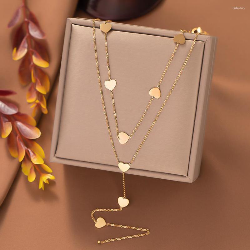 

Chains Double Layer Gold Color Heart Pendant Necklace For Women Girl Fashion Stainless Steel Choker Chain Neck Wedding Jewelry Gift