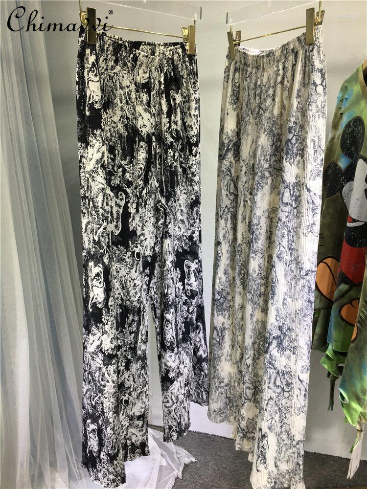 

Women's Pants European Goods Heavy-Duty Printed Wide-Leg High Waist Fashion Chiffon Mop Versatile Slimming 2023 Summer Long, Black