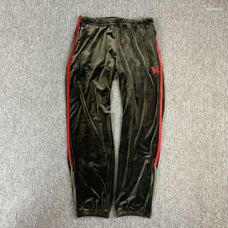 

Men's Pants Men's Red Side Stripe AWGE Needles Velvet Sweatpants High Street Butterfly Embroidery Logo Drawstring Jogger Trousers