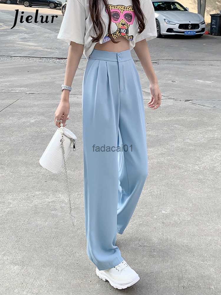 

Summer Two Buttons Elastic Waist Suit Trousers Female OL Wide Leg Pants Women Loose Casual Blue Black Pants Woman SXL L230621, Light blue