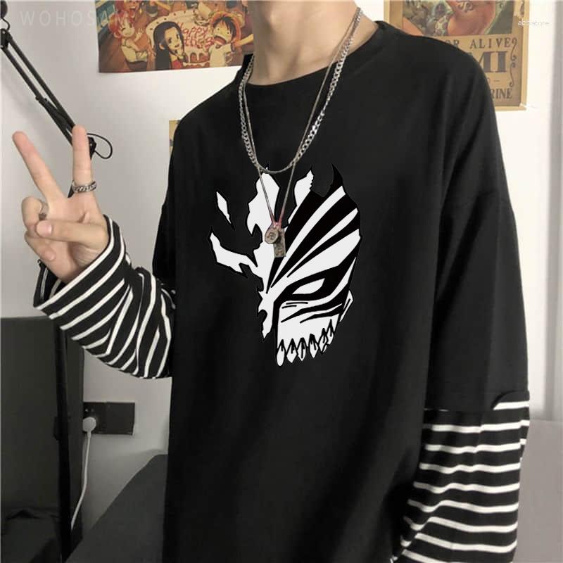 

Men's T Shirts Japan Anime Bleach Kurosaki Ichigo Mask Long Sleeve Shirt Fashion Cartoon Summer Casual Women Fake Two Pieces Stripes T-Shirt