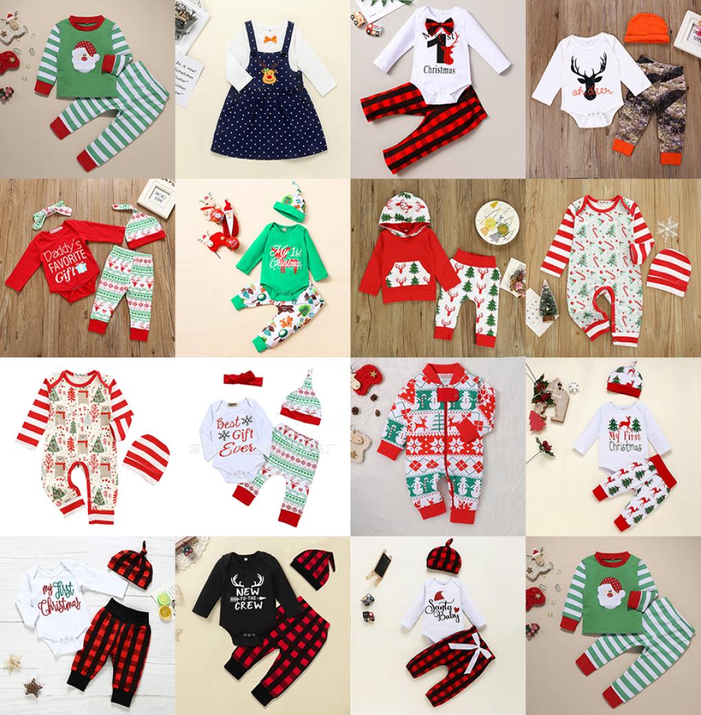 

11 Styles Christmas Baby Rompers Clothing sets Infants Xmas Outfits Santa Claus Elk Print Clothes Plaid Pants Hat Set Toddler Boy 1970279, Red