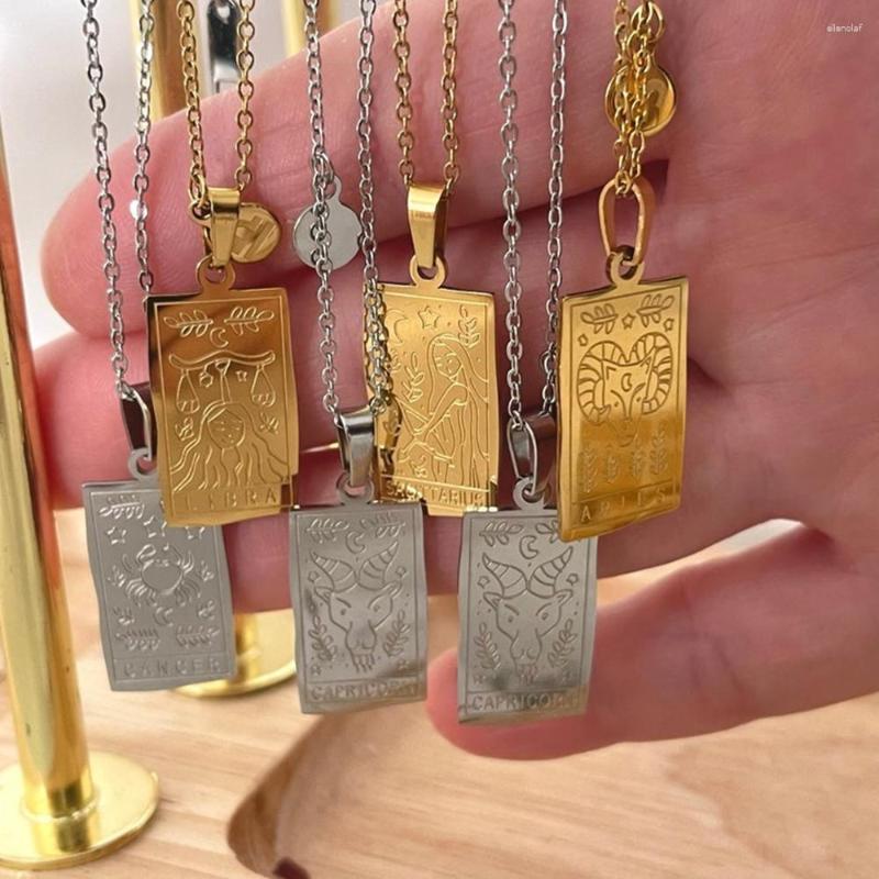 

Pendant Necklaces Gold Silver Color Tarot Card Zodiac Necklace Double Sided Constellation Fortune Square Jewelry Star Sign Choker Birthday