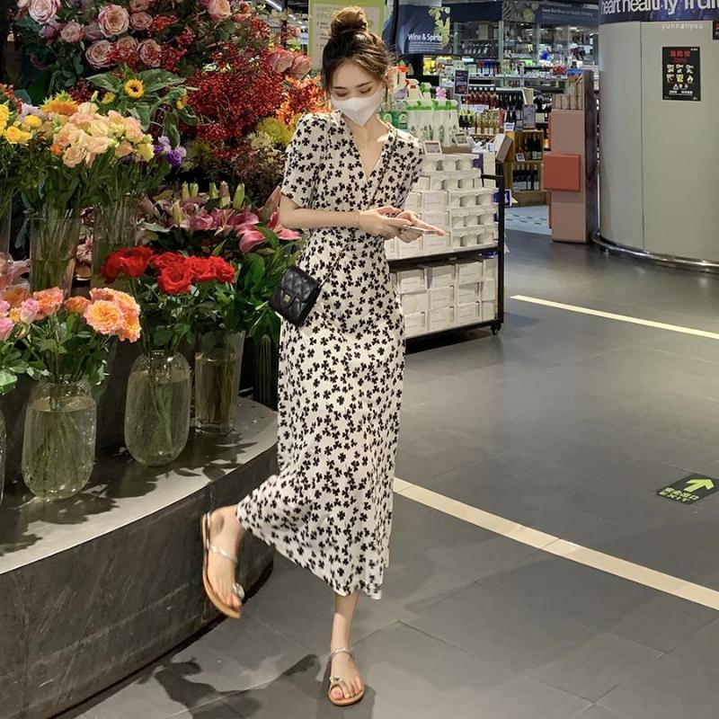 

Party Dresses Korean Chic V-neck Floral Summer Long Dress Elegant French Chiffon Slim Women' Vestido Sweet High Waist Fairy 2023, As photo