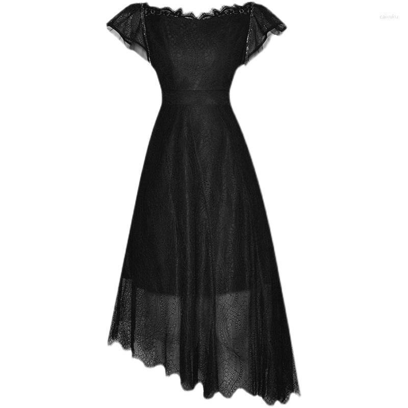 

Party Dresses High Quality Est Nice Designer Runway Butterfly Sleeve Asymmetrical Lace Dress, Black