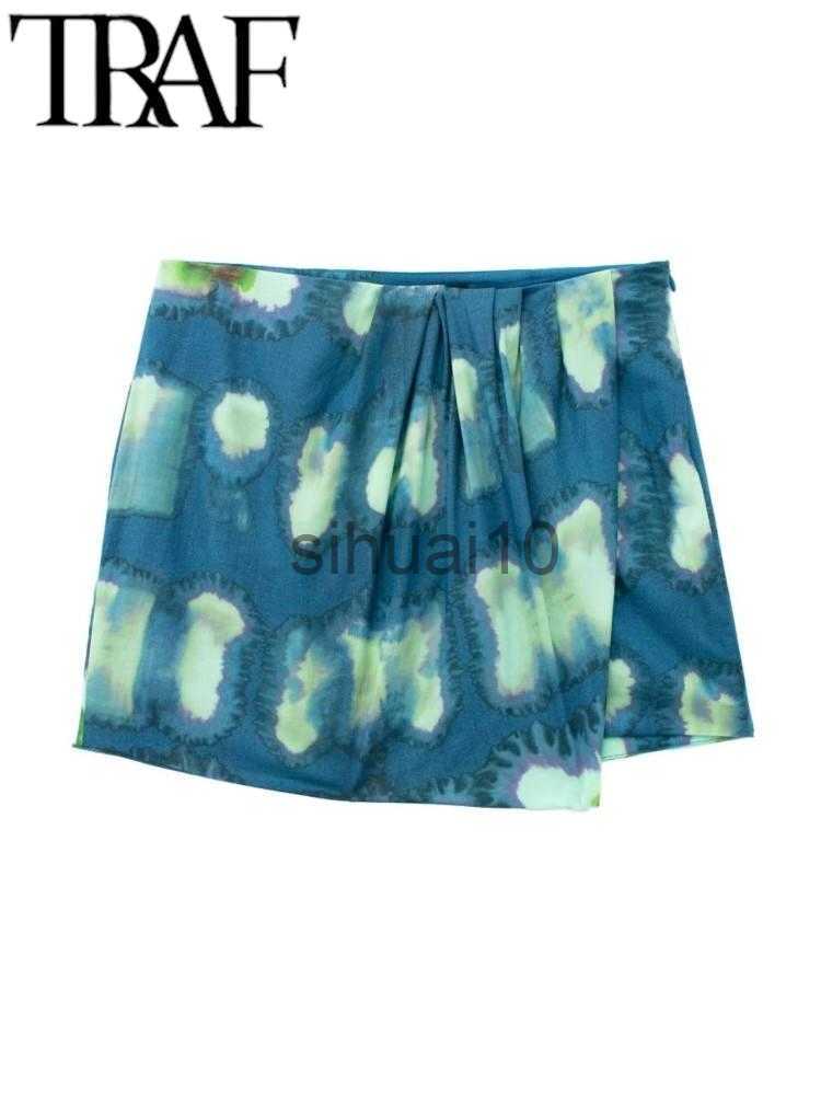 

Skirts TRAF Summer Fashion Women Printed Skirt Folds A-Line High Waisted Zipper Side Wrap Asymmetric Vintage Female Mini Skirt Y2K J230621