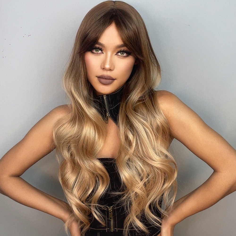 

Synthetic Wigs Easihair Long Ombre Brown Golden Wavy Wigs with Bangs Natural Synthetic for Women Daily Cosplay Heat Resistant Fiber 230227, Lc041-1