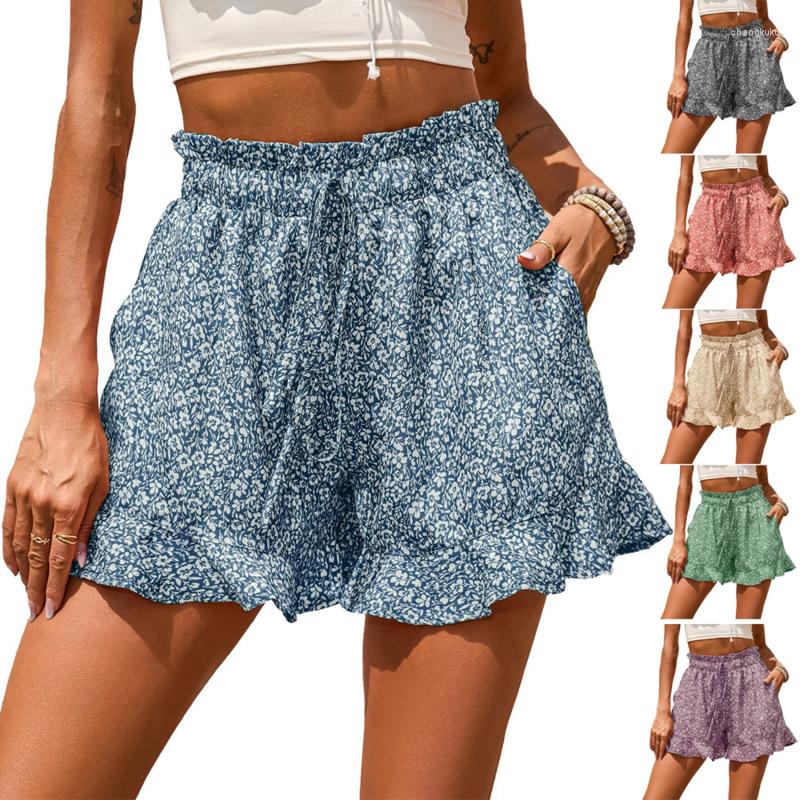 

Women's Shorts Women Summer Casual High Waist Loose For Girls Soft Cool Female Elastic Pockets Ruffle Trim, Blue
