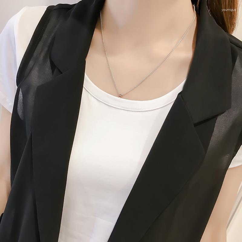 

Women' Vests Chiffon Women Office Lady Solid Black Thin Summer All-match Outerwear Sexy Long Draped Open Stitch Vintage Plus Size Q142